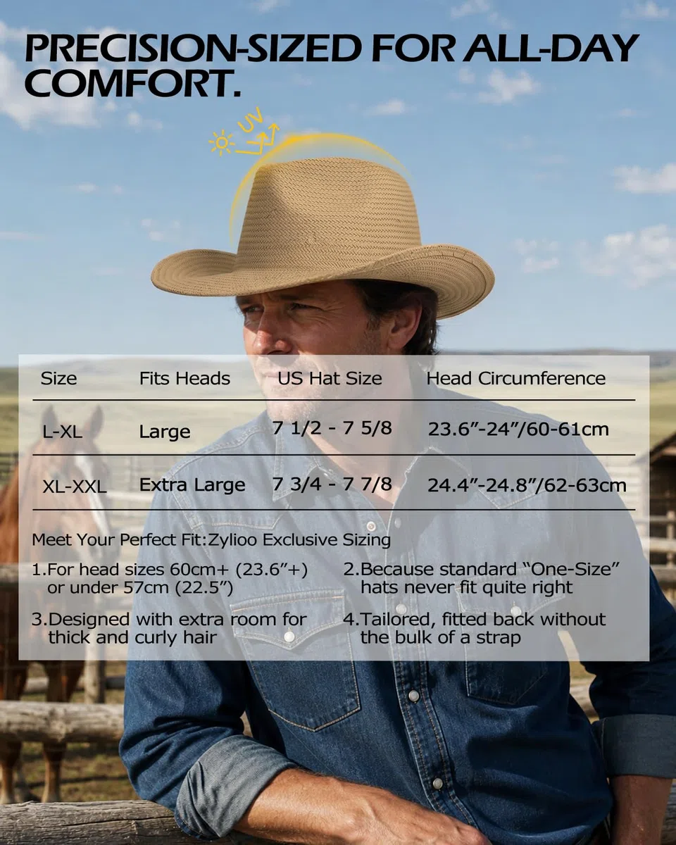 Zylioo Cappello da cowboy di paglia XXL, cappello da cowgirl occidentale di grandi dimensioni, cappelli da sole estivi di paglia a testa grande, cappelli da viaggio leggeri da spiaggia