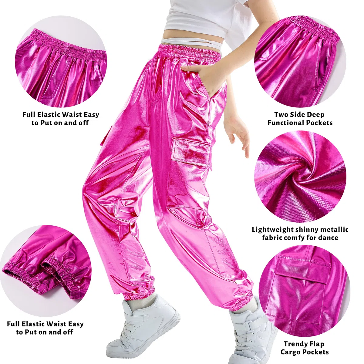 Rolanko Ragazze Pantaloni Cargo Metallizzati, Hip Hop da Ballo Streetwear con Vita Elastica per Bambini