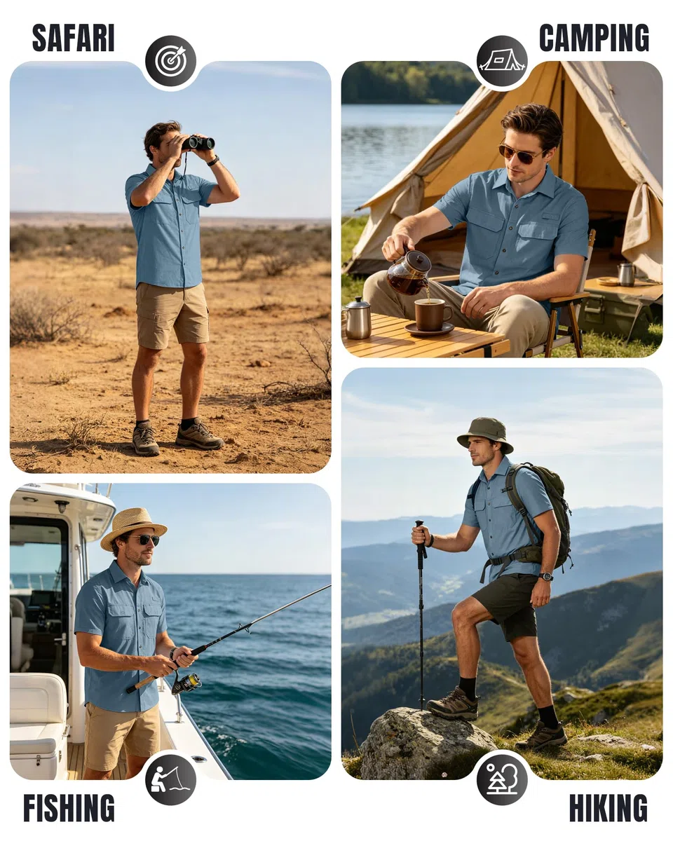 33,000ft Camicia da uomo a maniche corte UPF50+, protezione UV, per attività all'aria aperta, ad asciugatura rapida, per il tempo libero, per pesca, safari, viaggi, golf