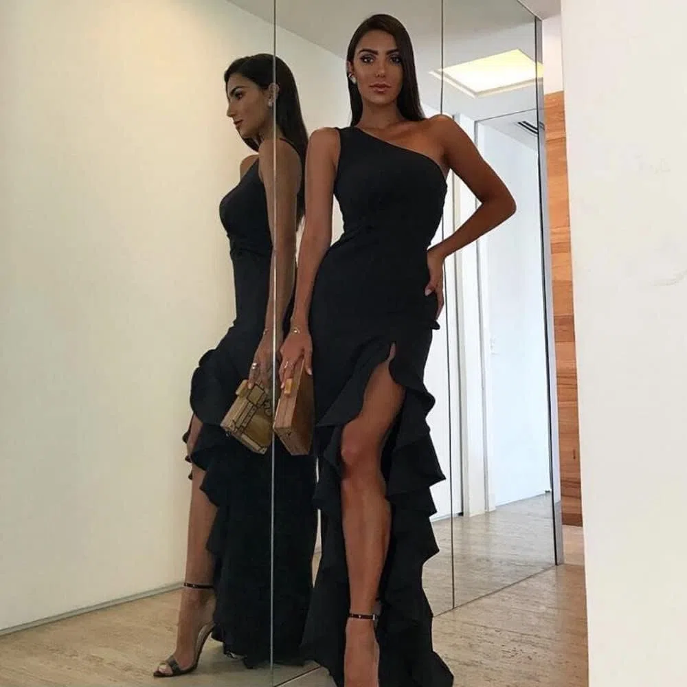 Vestito Donna Eleganti Vestito Spalla Scoperte Abito Cocktail Orlo con Volant Senza Maniche Casuale Abito Lungo Sexy Tinta Unita