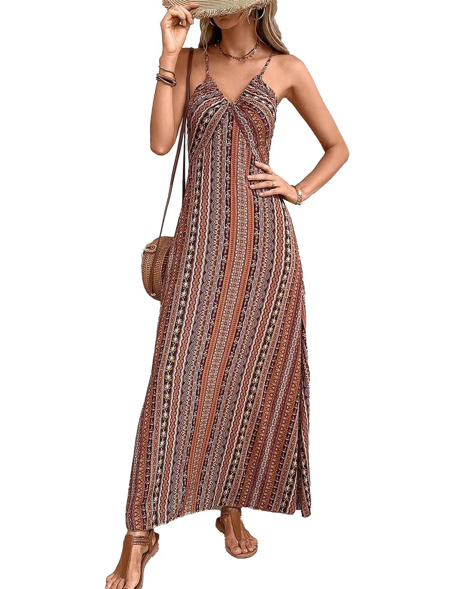 Donna Vestiti Scollo a V Elegante Senza Mance Stile Etnico Abito Bohème Casual Maxi Vestiti da Spiaggia Primavera Estate