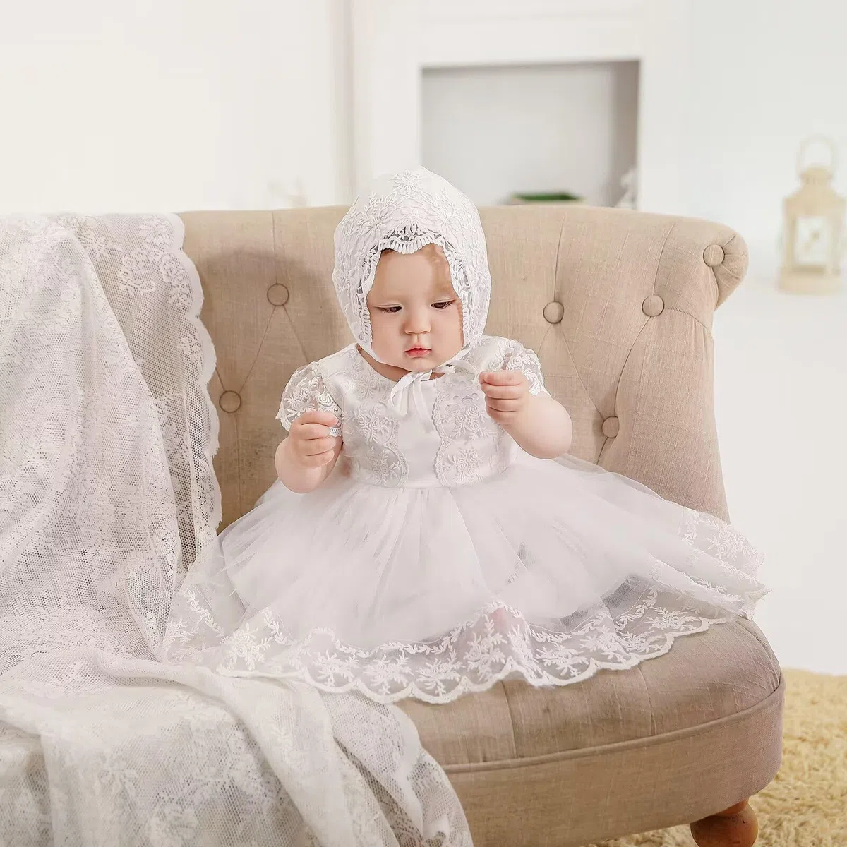 Bambine Abito da Battesimo Bianco con Cappellino Abito da Battesimo Neonato Abito in Pizzo per Matrimonio Compleanno