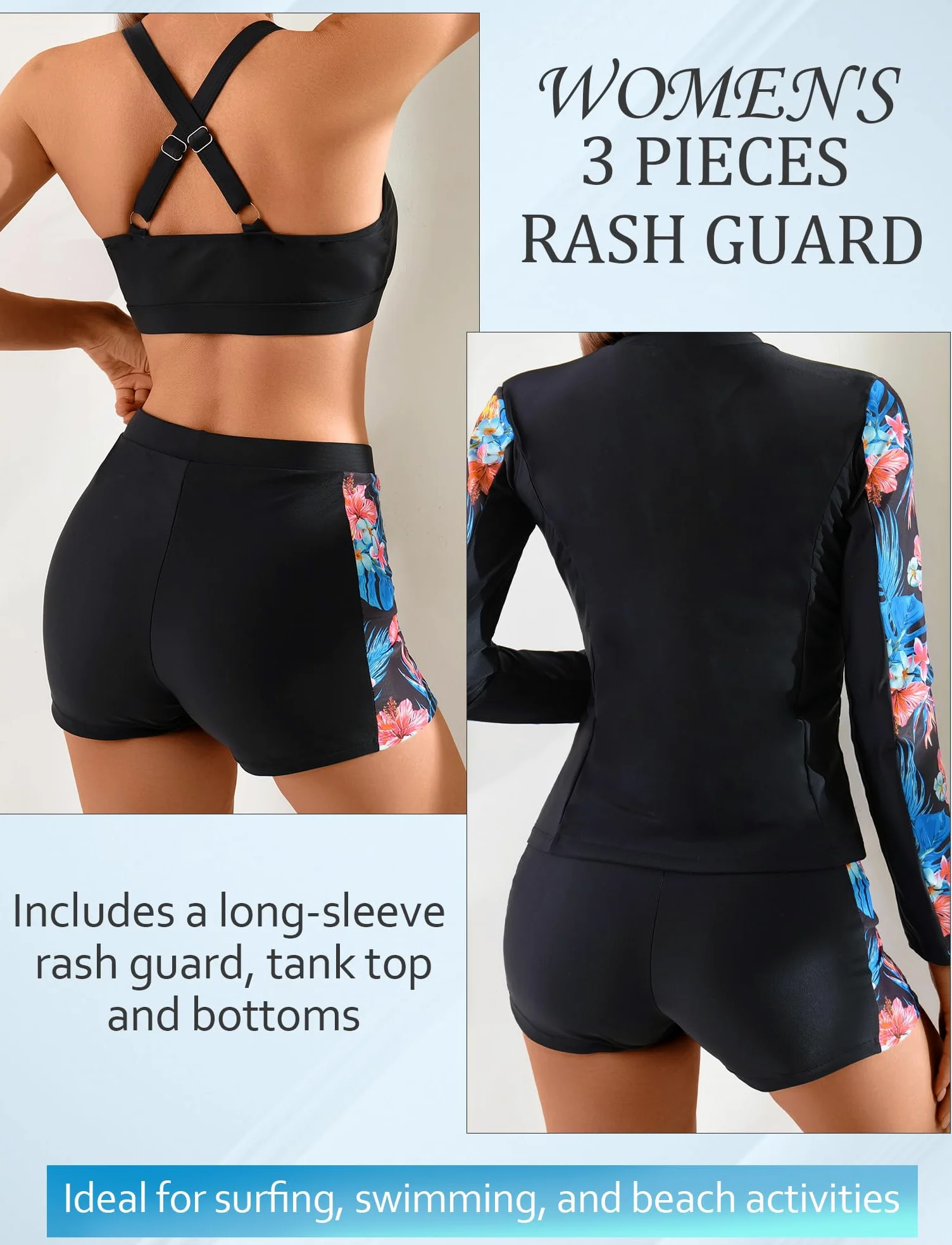 Rashguard - Set da donna Rashguard di Wakeboard,set da surf da spiaggia con Tankini + Pantaloncini S-XXL