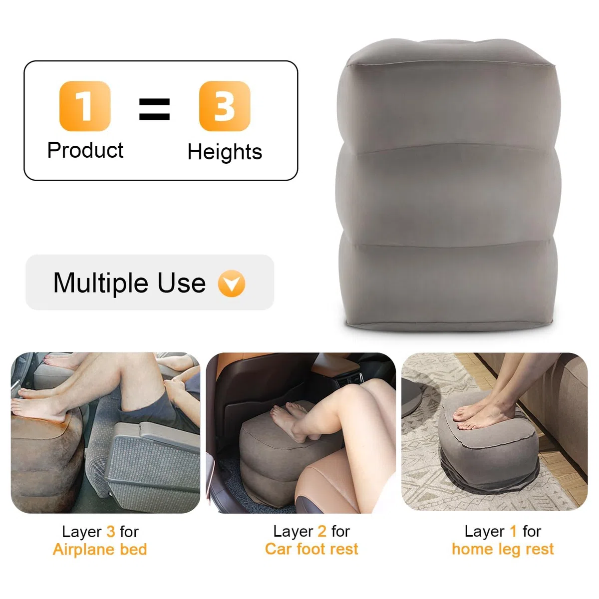 Poggiapiedi/cuscino gonfiabile per gambe | altezza regolabile | crea un letto piatto per bambini e bambini | ideale per aereo, treno, auto, viaggi (grigio, 2 pezzi)