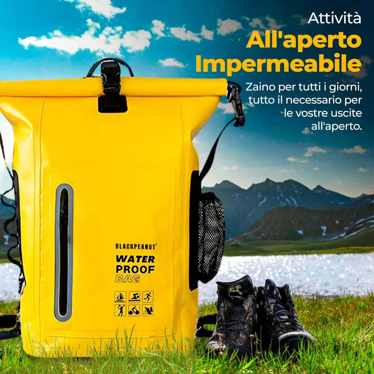 Zaino impermeabile da 25 litri, borsa impermeabile confortevole, borsa impermeabile con tasca esterna per bottiglia d'acqua, ideale per attività acquatiche e all'aperto