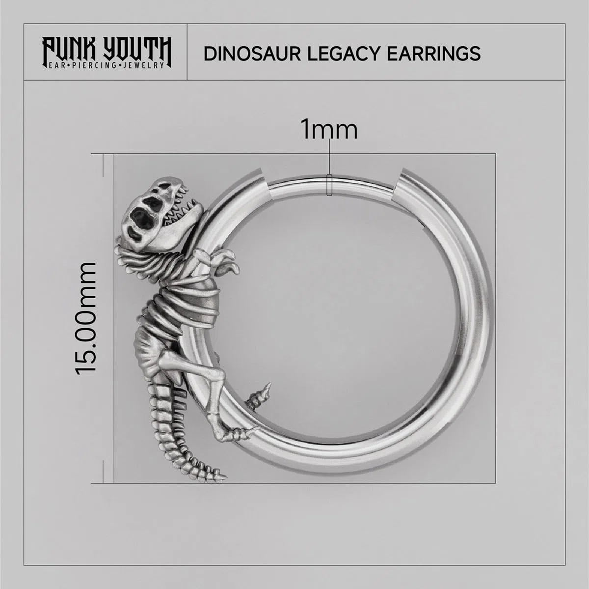 PUNKYOUTH Orecchini a cerchio con dinosauro gotico da 18 g, in argento 925, con T-Rex e triceratopo, scheletro di drago, fossile Huggie, punk grunge, accessorio regalo per Halloween, regalo per donne
