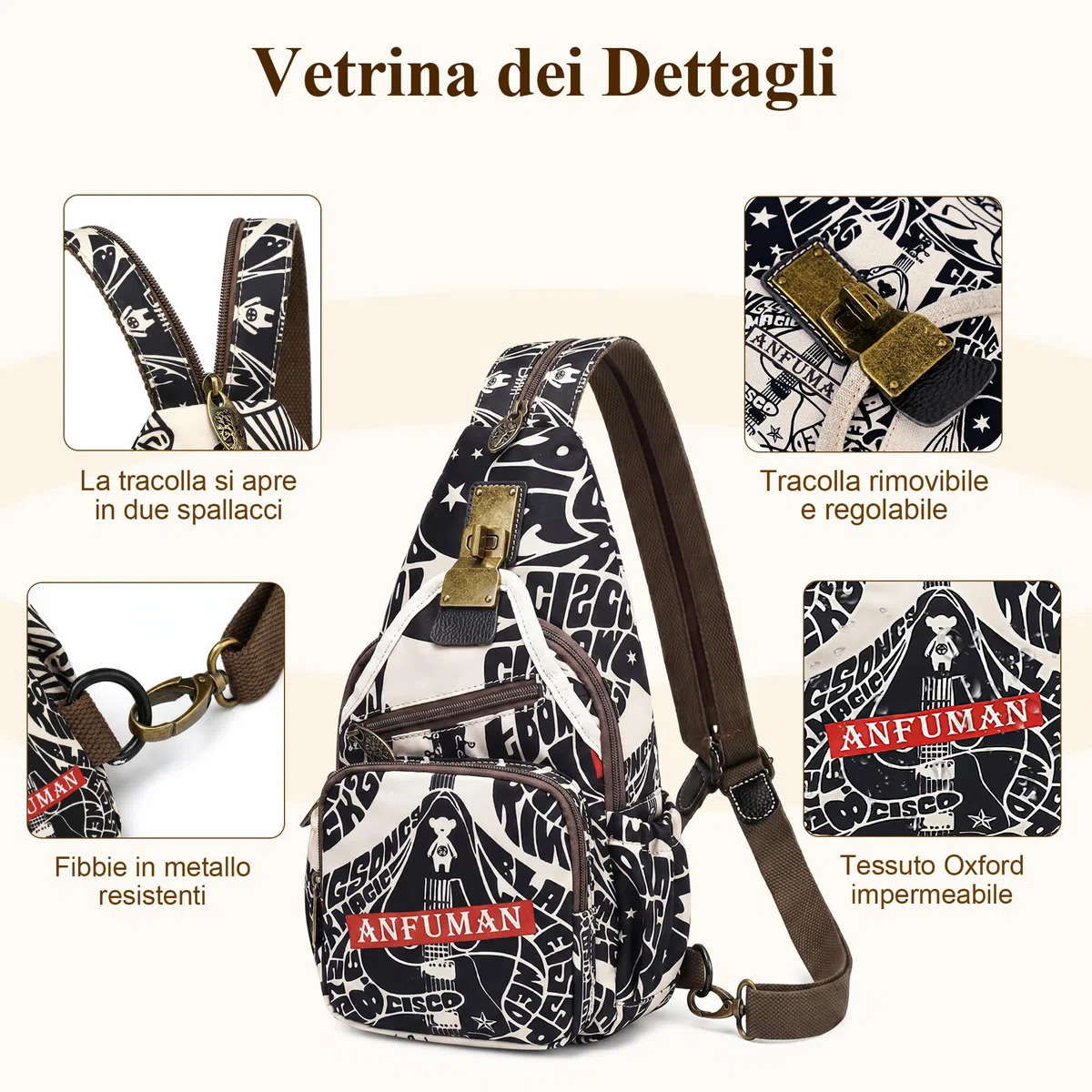 Retrò Zaino Piccolo Donna Quotidiano Casuale Antifurto Moda Borsa Da Petto Viaggi Lavoro Shopping Borse A Tracolla Stampato Messenger Borsa A Spalla Nylon Zaini Borsetta Nero B