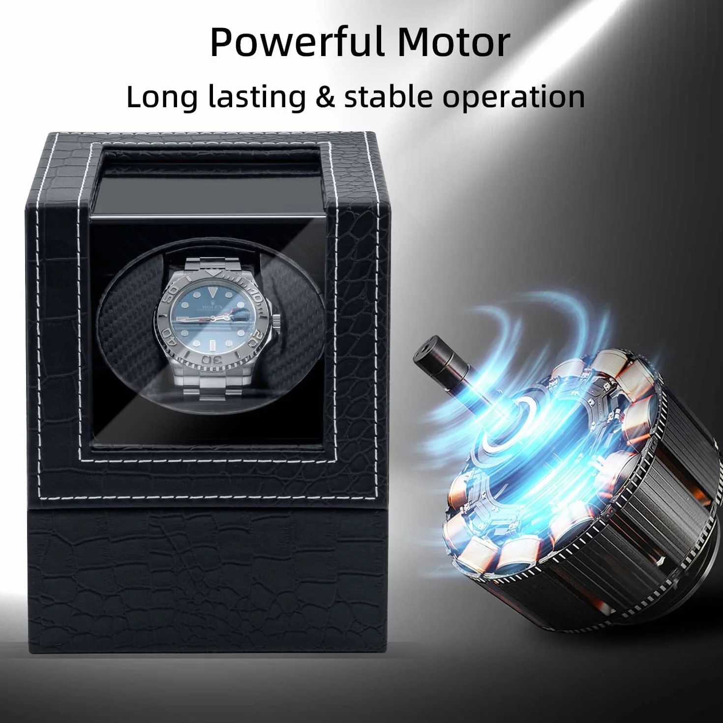 Mcbazel Scatola Carica Orologio Automatici, Scatola Avvolgitore per orologi 1 Slot Crocodile Pelle Pattern Accessori per Custodie per Orologi con Spina Europea - Nero