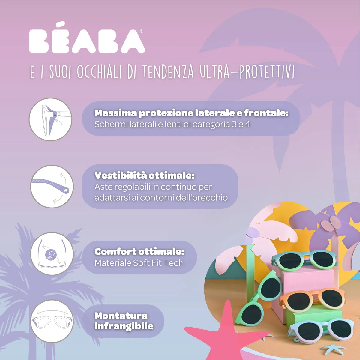 BÉABA, Occhiali da sole per bambini 2-4 anni, 100% protezione UV - CAT 3, protezione laterale