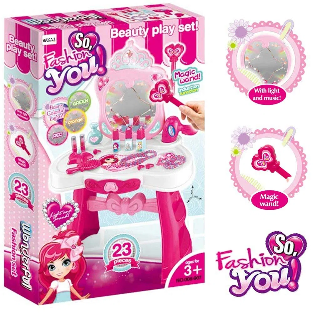 BAKAJI Specchiera per Bambina Make Up con Scettro Cuore Magico Centro Salone di Bellezza Estetista per Bambine, con luci, Suoni e Melodie incantevoli