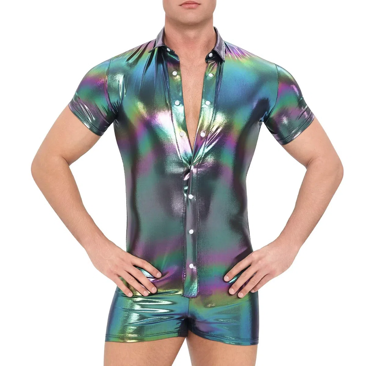 Landofgenie Body per Uomo in Metallo Optico, Pyjama a Maniche Corte, Bodysuit Monopezzo per Uomo