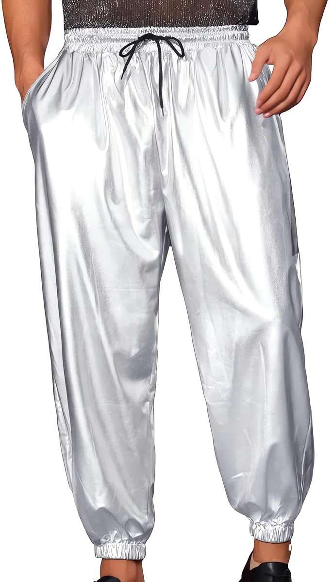 Pantaloni lucidi da uomo, pantaloni da discoteca con coulisse in vita metallizzata con tasche, vita media, in finta pelle, ologramma, hip hop, pantaloni elastici a lunghezza intera, look bagnato, per