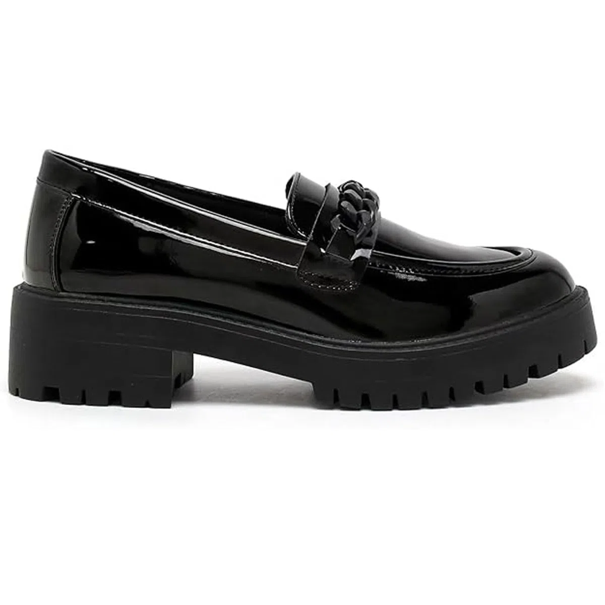 Scarpe da scuola per ragazze, eleganti mocassini in vernice nera con dettaglio a catena, suola antiscivolo, comode scarpe per il rientro a scuola per adolescenti