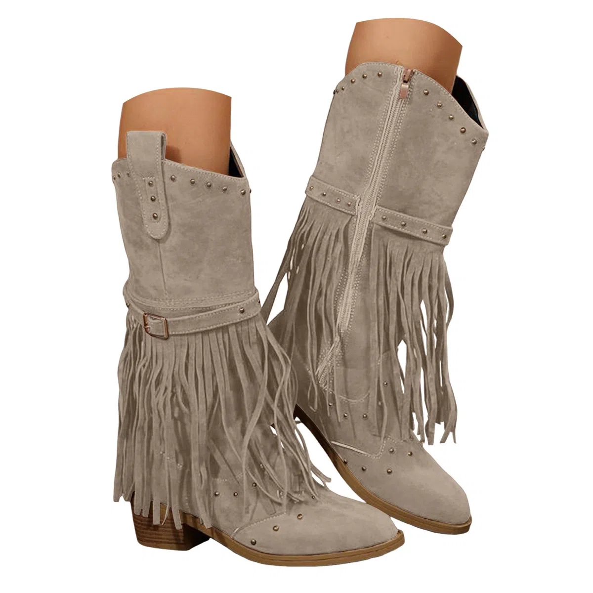 Stivali da donna con tacco e cerniera, eleganti, con frange, medio, da cowboy, a mezza gamba, da donna, per autunno e inverno