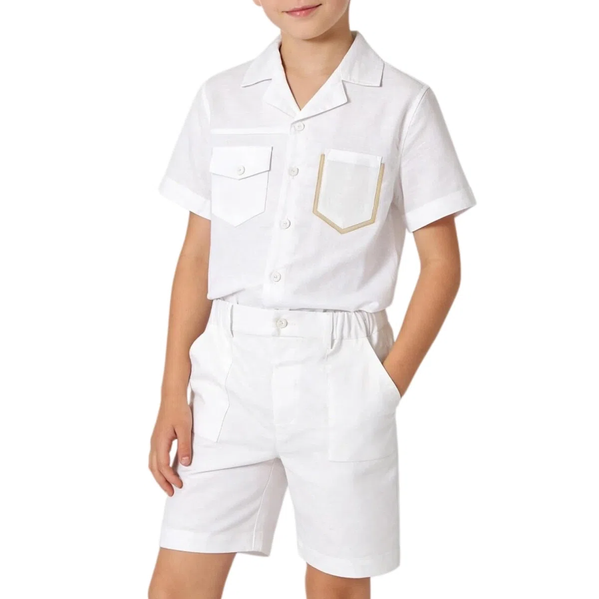 LOLANTA Set 2 Pezzi Abbigliamento Estivo Bambino, Camicia a Maniche Corte con Bottoni e Pantaloncini in Lino e Cotone, 5-12 Anni