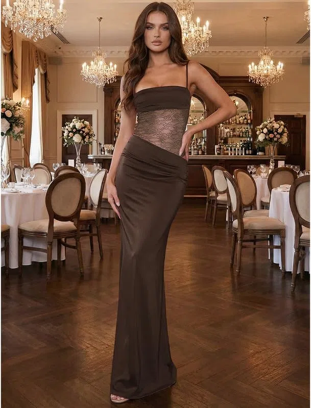 Vestito Lungo Donna Sexy Spaghetti Strap Abito in Pizzo Patchwork Estivo Senza Maniche Collo Quadrato Vestiti Elegante Aderente Maxi Abiti con Spacco per Sera Cerimonia Festa Cocktail
