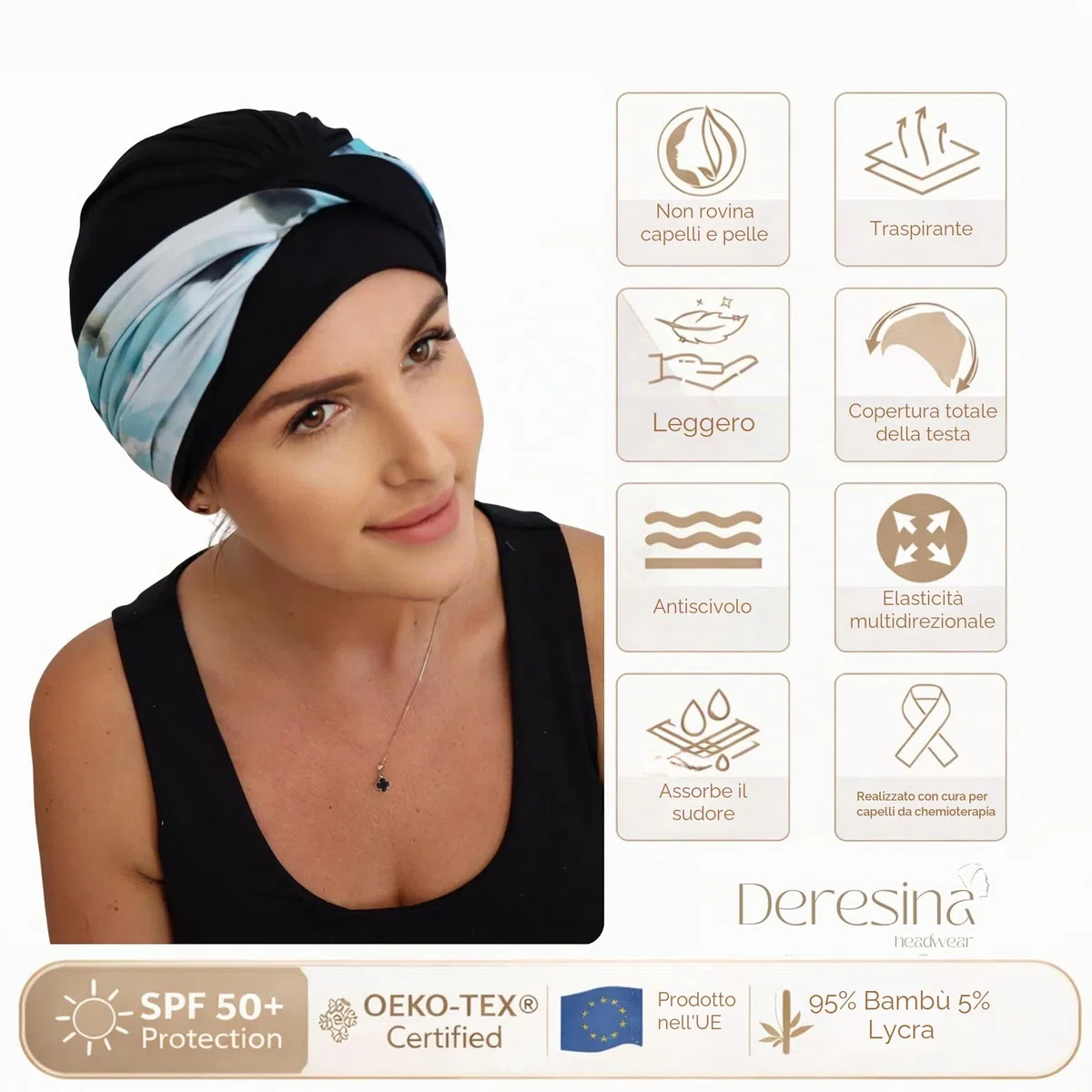 Deresina Aura - Turbante per pazienti oncologiche, copricapo in bambù, traspirante, morbido