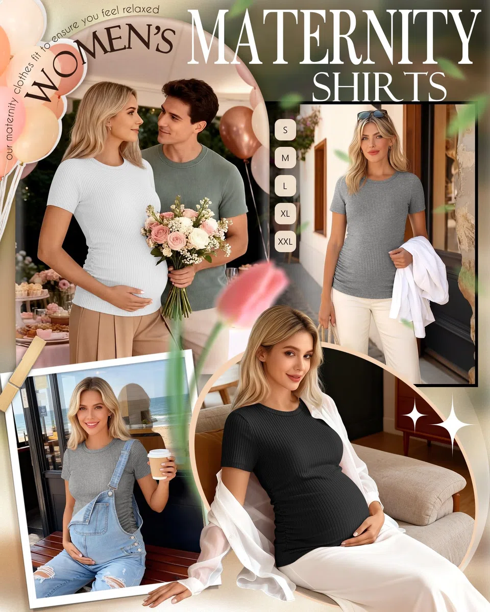 Ficerd Pacco da 3 Maglie maternità Donna in Cotone: Top Gravidanza a Maniche Corte, con Pieghe Laterali e Tessuto a Costine