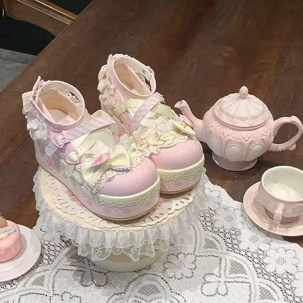 Le Mie Donne Lolita Mary Jane Pelle Scarpe Goth Round Piedi Scricchiolante Piattaforma Tallone Riccio Poltrone Rosa Rospo Kawaii Dolce con Bolla JK Abito Principessa Demin Jeans