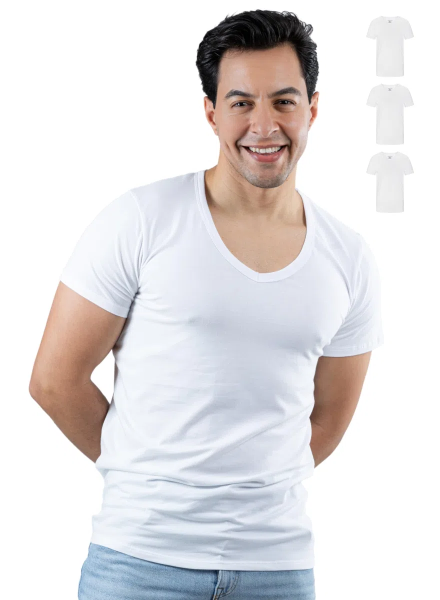 SKIPPER Confezione da 3 T-Shirt Uomo Stretch Scollo a V Profondo – Magliette Intime Slim Fit in Cotone Elasticizzato, Invisibili sotto la Camicia, Bianco Nero Beige e Mix, S–3XL