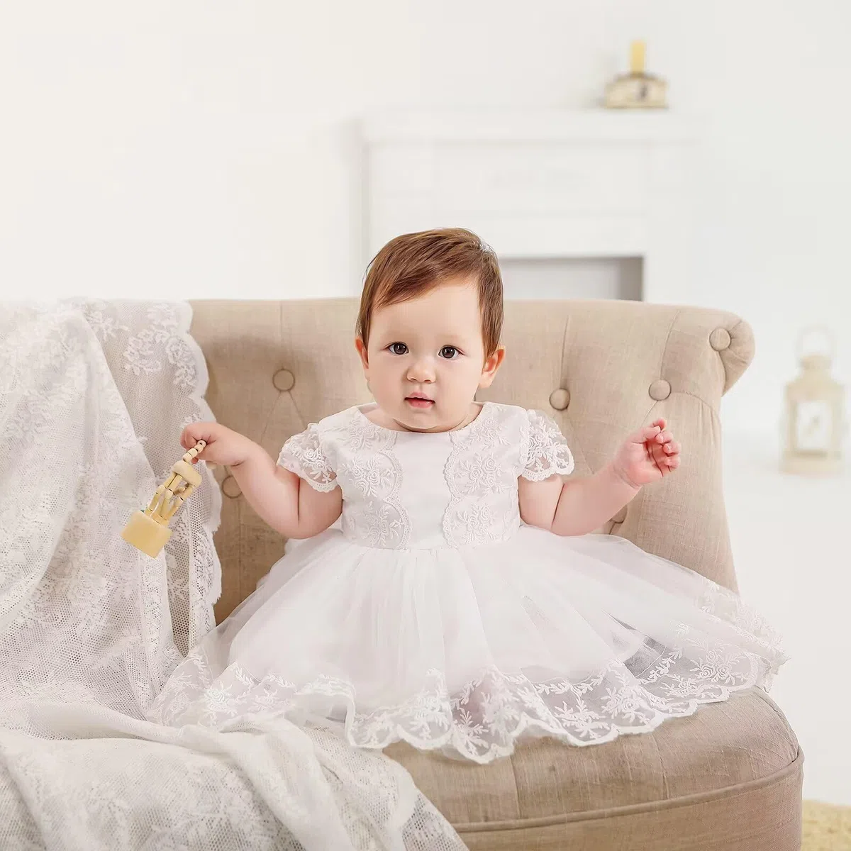 Bambine Abito da Battesimo Bianco con Cappellino Abito da Battesimo Neonato Abito in Pizzo per Matrimonio Compleanno