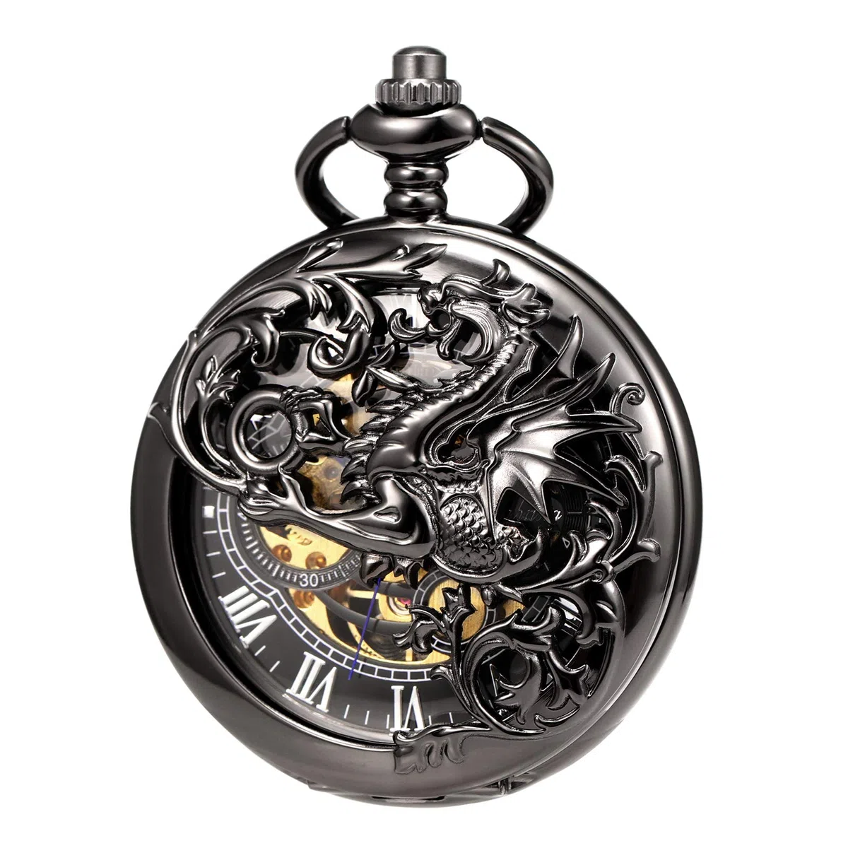 TREEWETO Orologio da tasca meccanico da uomo, con scheletro, drago e scheletro, con doppia apertura, argento/bronzo/nero, custodia da uomo