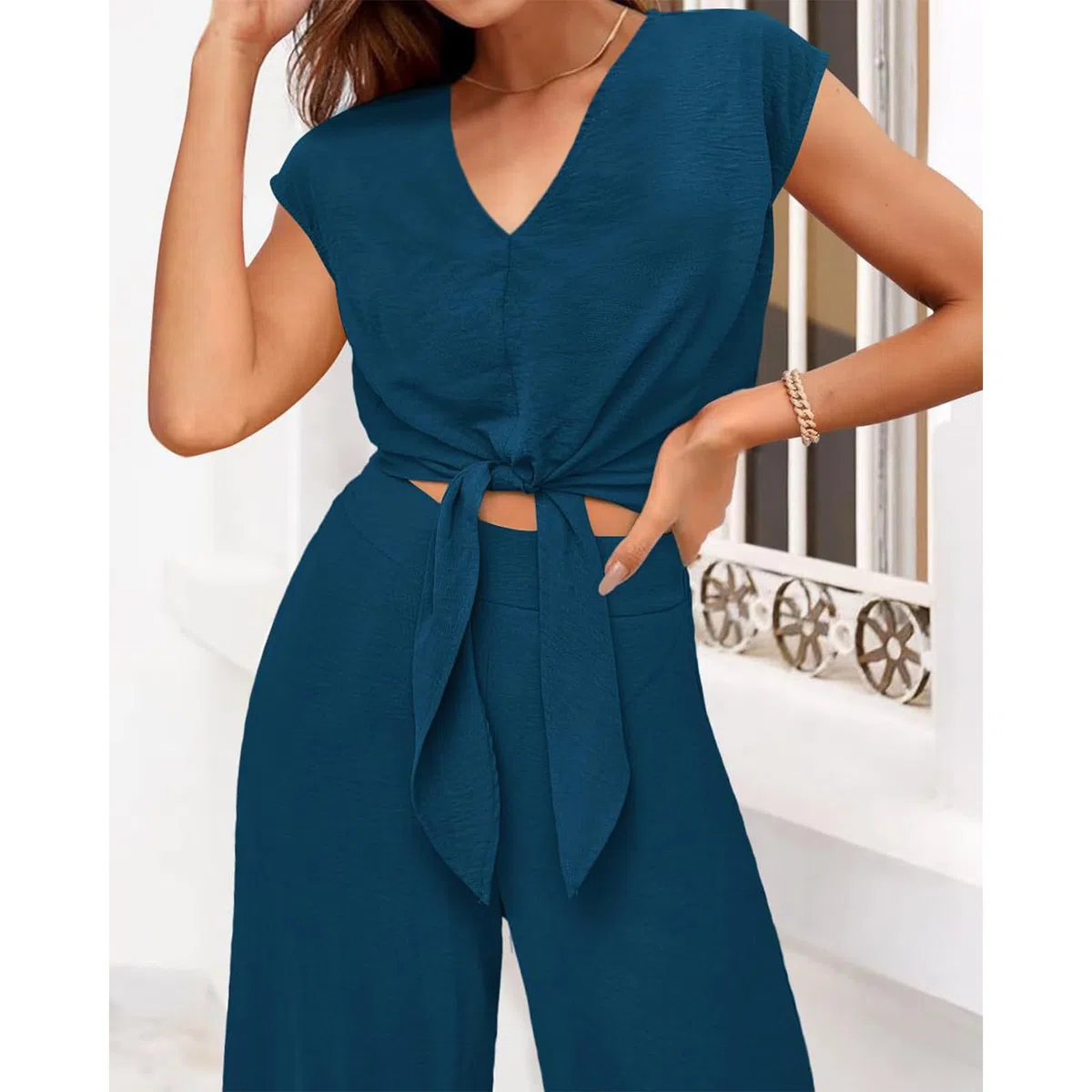 amropi Donna Tuta a Maniche Corte con Scollo a V Papillon Pantaloni a Gamba Larga Estate Loungewear Set