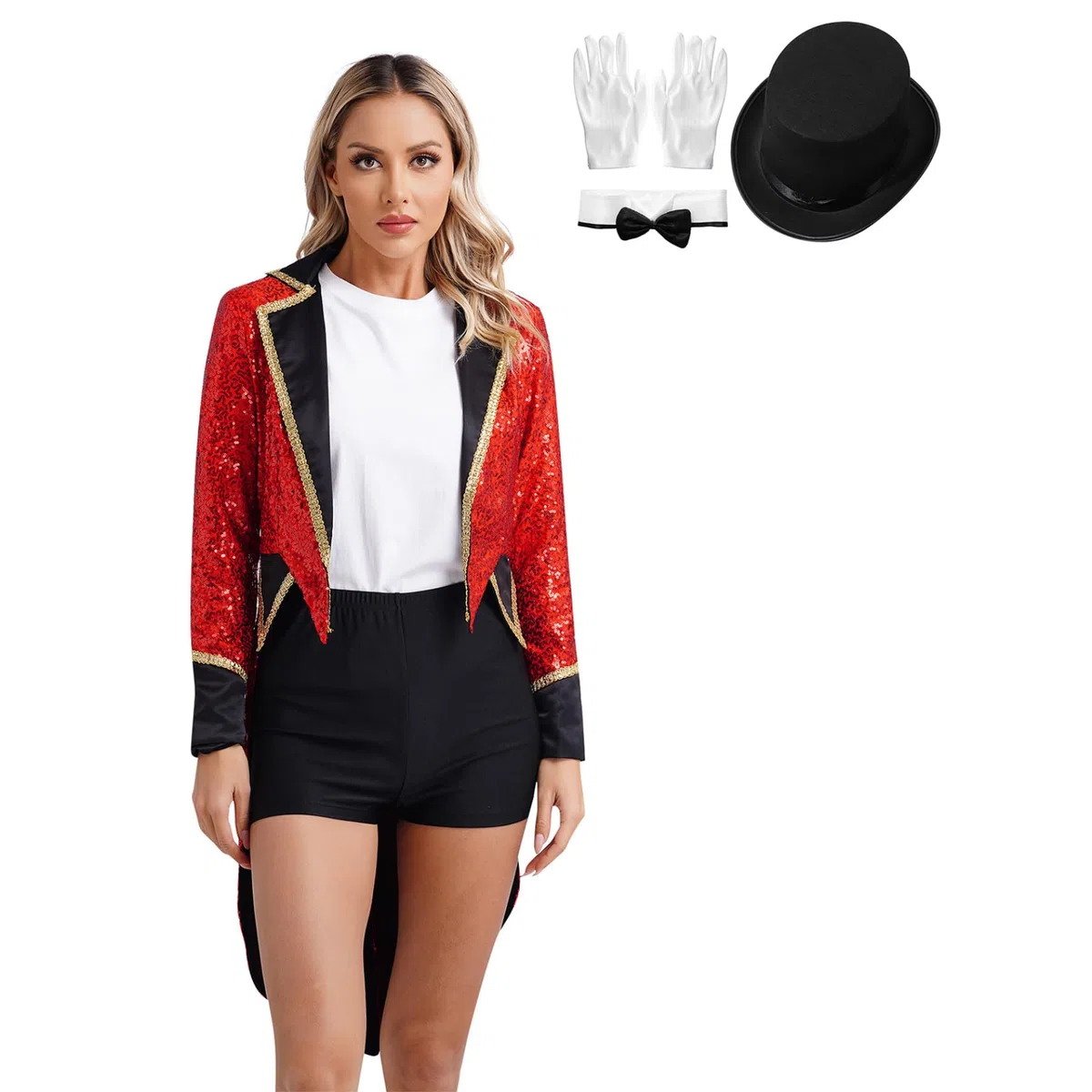 Jugaoge Giacca da donna con direttore del circo con paillettes luccicanti frack festivo risvolto cappotto con guanti, papillon e cappello, per feste di Natale