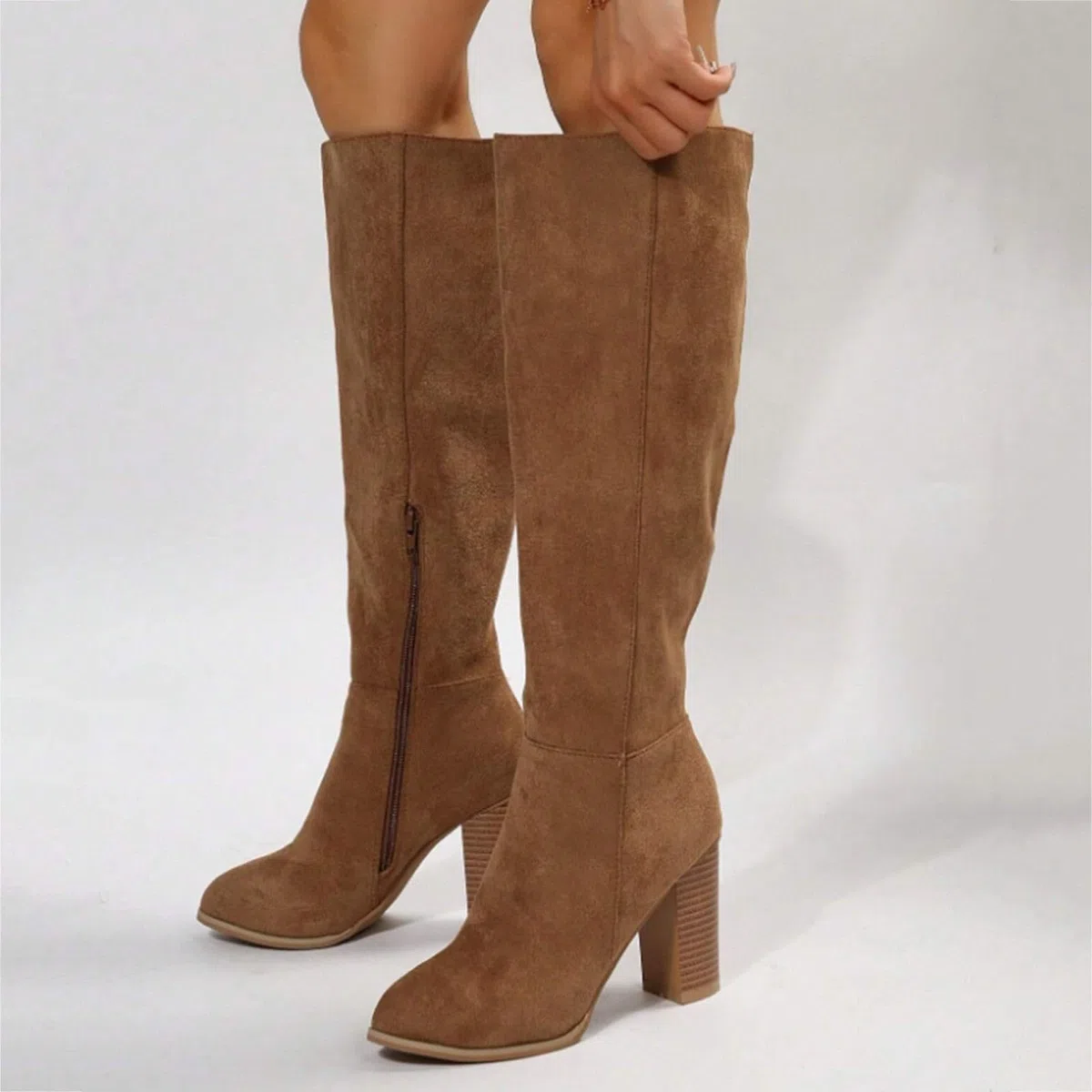 Stivali larghi da donna Slouchy con tacco a gambo lungo, stivali alti da cowboy, stivali da donna in pelle scamosciata