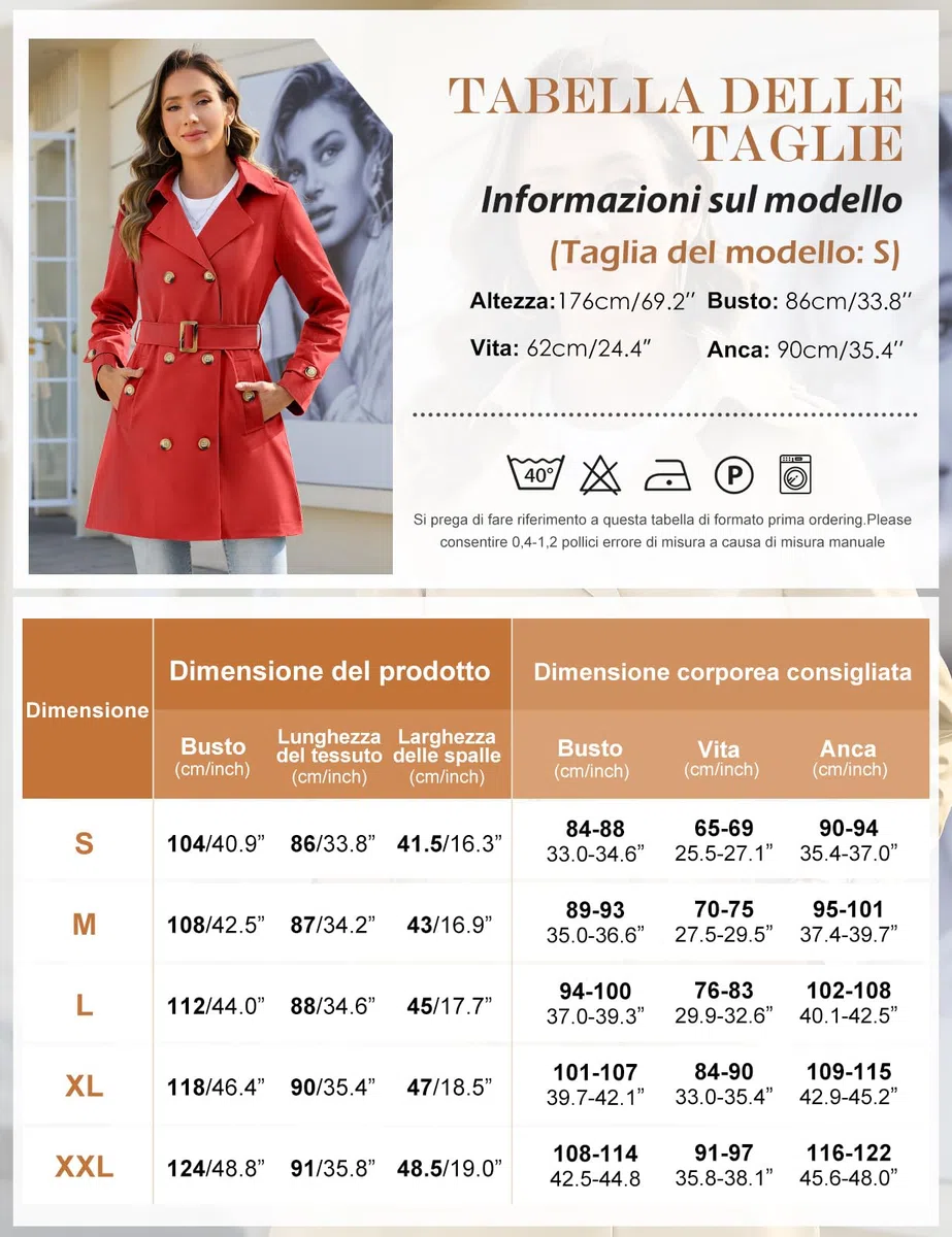 Yuson Girl Trench Donna Doppiopetto Cappotto Classico Trench Impermeabile con Cappuccio Leggero Parka Windbreaker Giacche Primaverile Autunnale Antivento Trenchcoat con Cintura