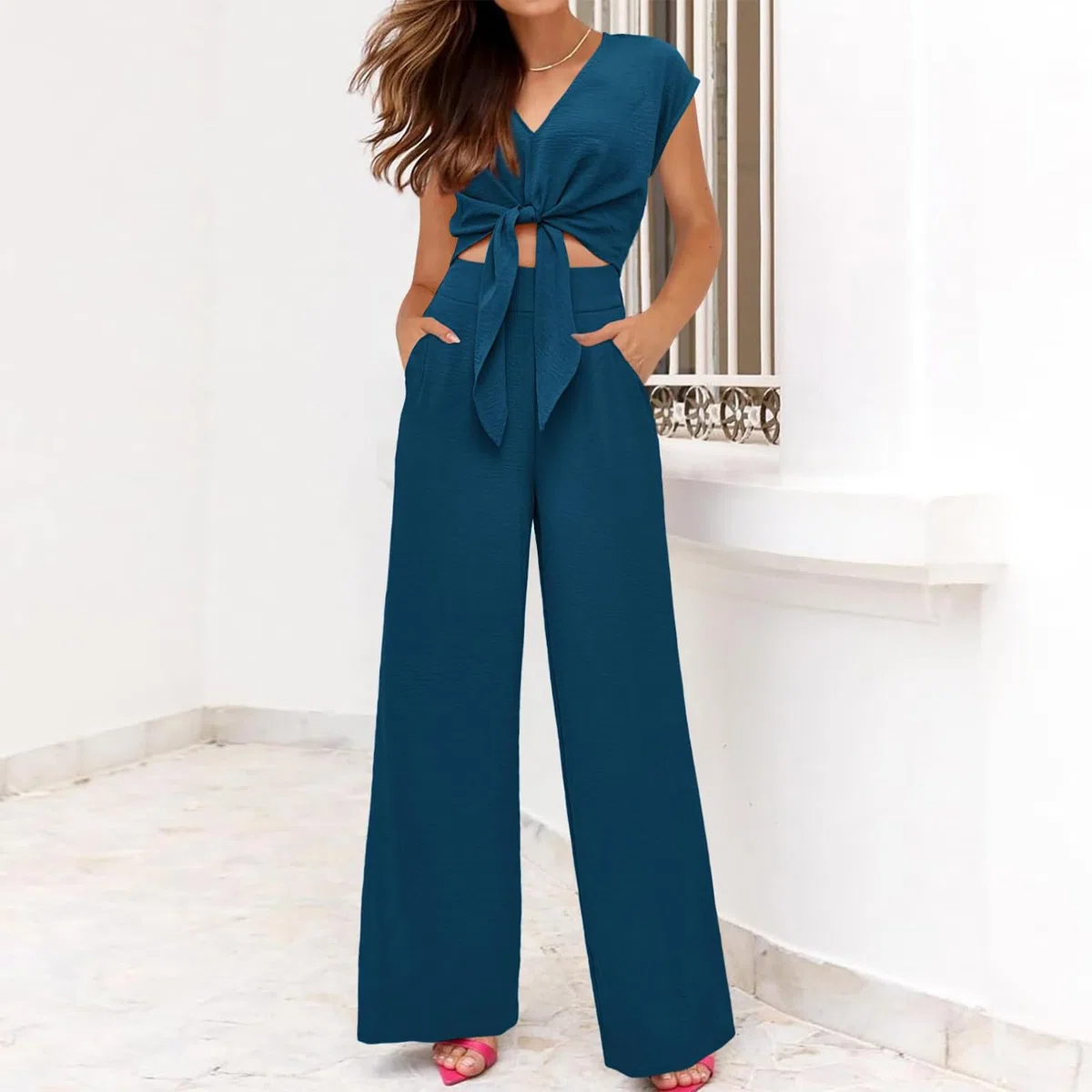 amropi Donna Tuta a Maniche Corte con Scollo a V Papillon Pantaloni a Gamba Larga Estate Loungewear Set