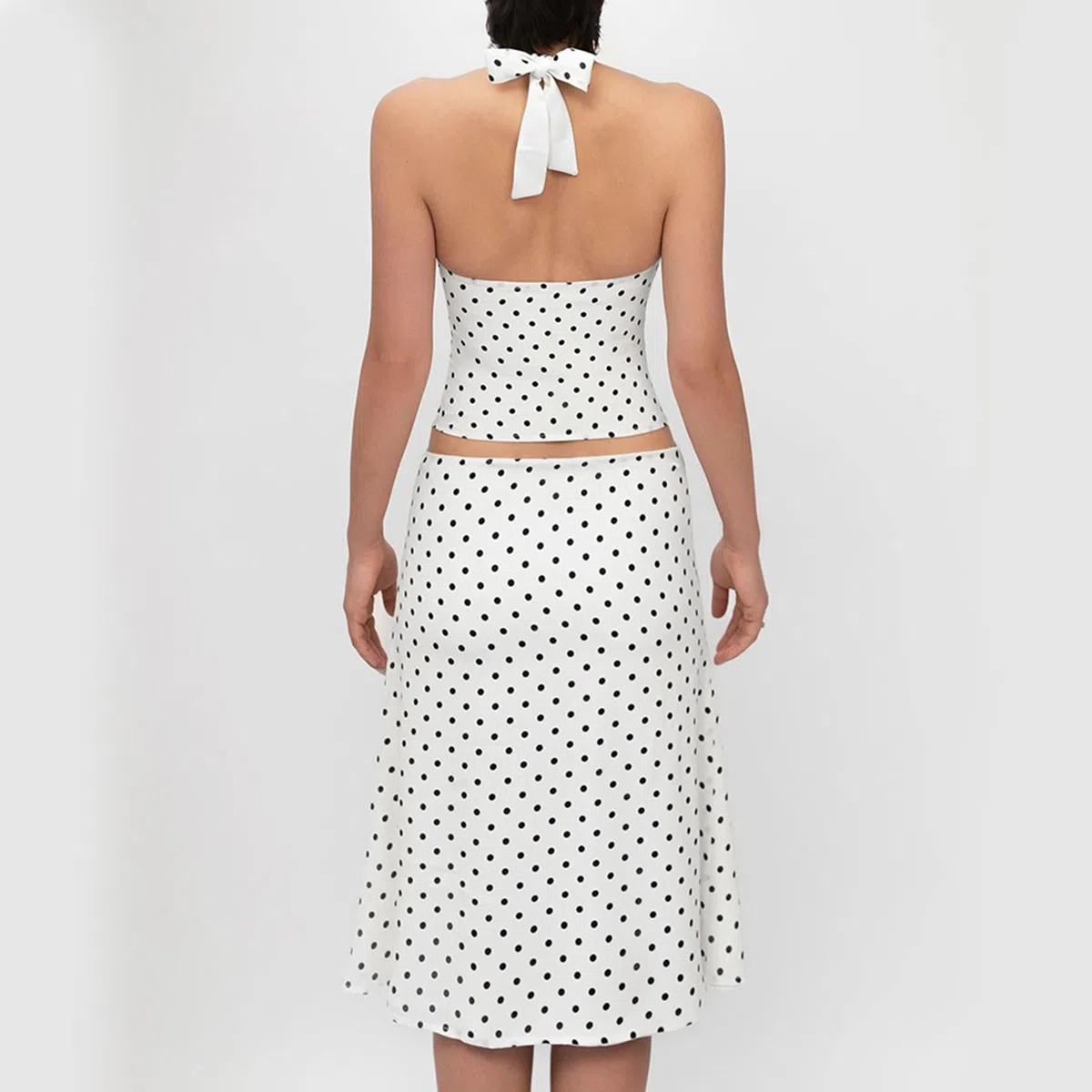 Set da Donna Vintage a Pois In 2 Pezzi, Gonna Longuette con Allacciatura Sul Retro e Gonna Midi for Uscire Abbinata