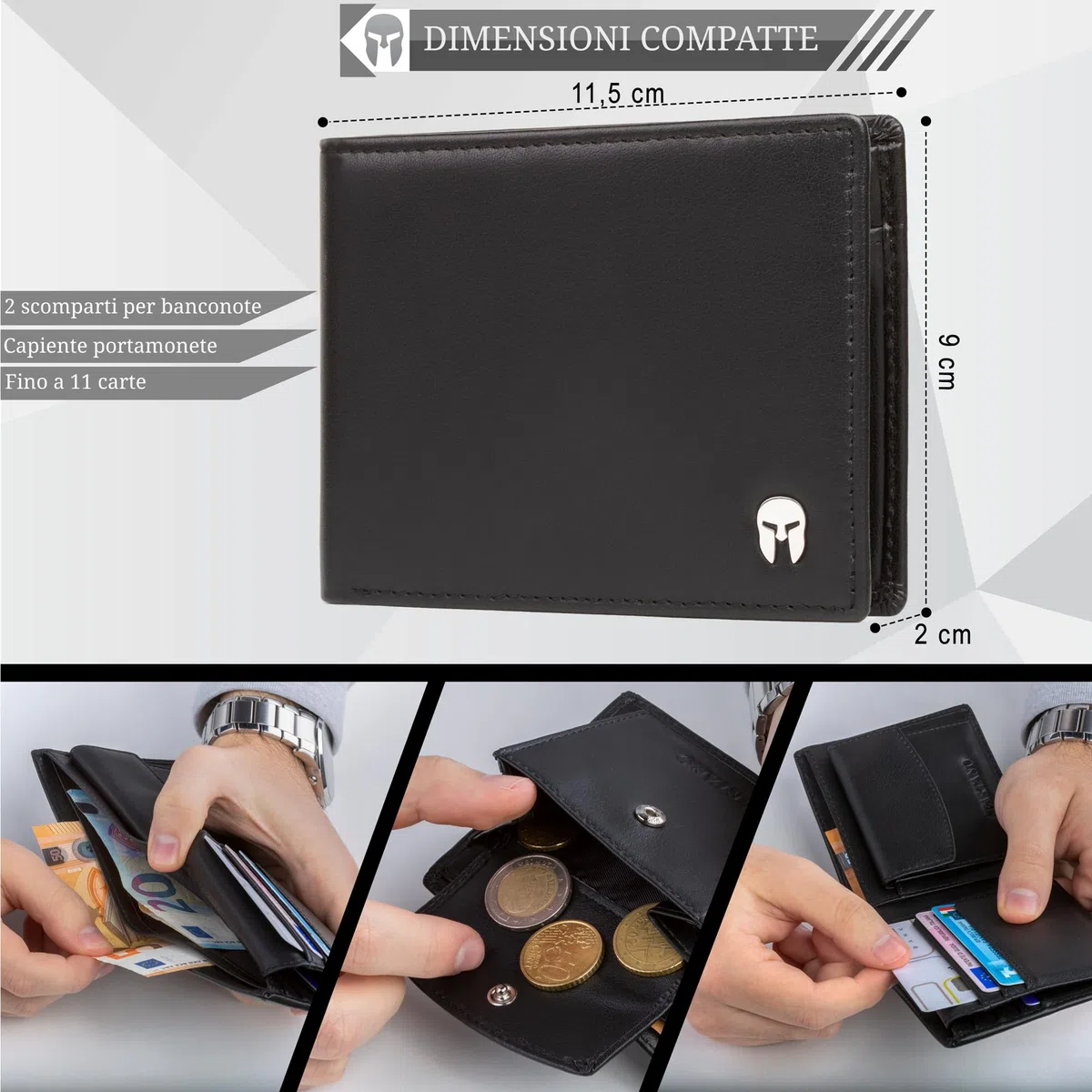 SPARTANO Portafoglio Uomo con Protezione RFID, 11 Slot per Carte Credito, 1 Tasca Portamonete, 2 Scomparti Banconote, 3 Tasche interne - ZEUS