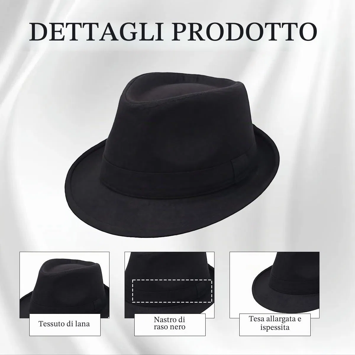 Happyupcity Cappello nero strutturato da uomo Manhattan Gangster Trilby Fedora Jazz Cap Floppy Panama Gentlemans Cappello piatto