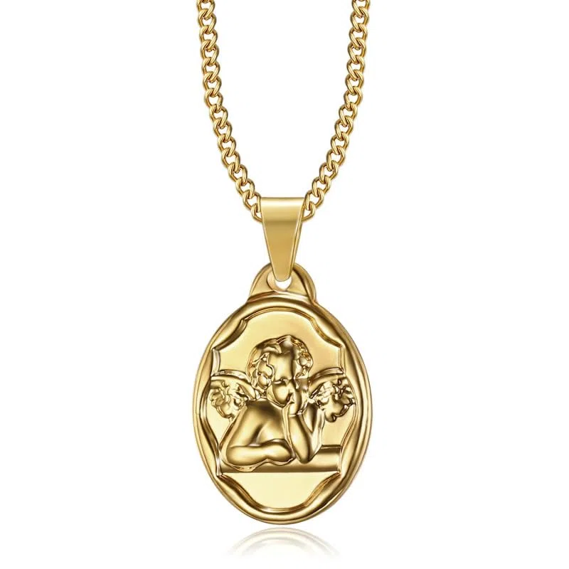 BOBIJOO JEWELRY - Ciondolo Medaglia Angelo Custode Gabriel Battesimo, Nascita Bambino Baby Acciaio Oro Placcato Oro Catena