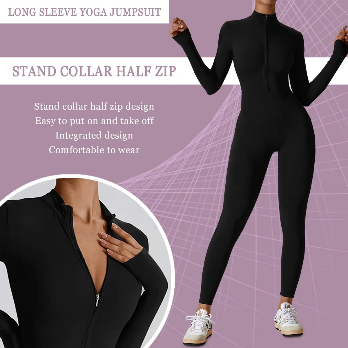 Tuta Intera Donna Sportiva Maniche Lunghe Jumpsuit Aderente Sexy Cerniera Completo per Yoga Palestra Abbigliamento Zip Costine Tutina Sportivo