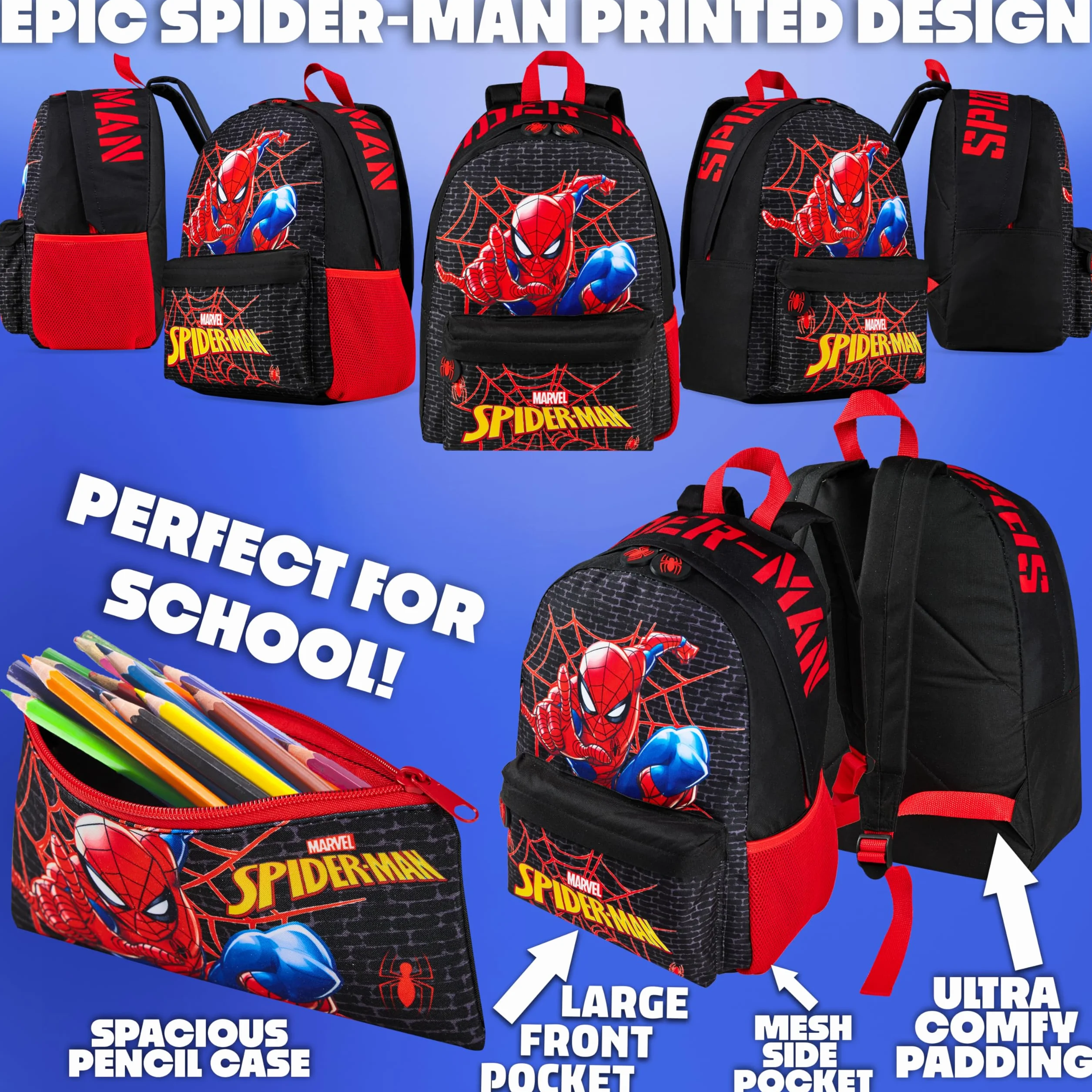 Marvel Spiderman Zainetto Bambino Set 4 Pz Borraccia 400ml Astuccio Isolato Borsa Portapranzo Accessori Scuola Viaggio Vacanza
