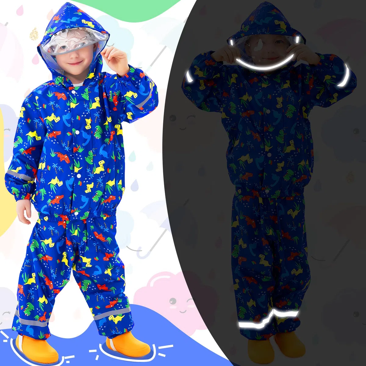 Tuta Impermeabile Bambino Bambina Giacca & Pantaloni Antipioggia Leggero Traspirante Tuta Pioggia Riflettente Completo Antipioggia con Cappuccio Ragazzi Ragazze 1-7 Anni, 86-122