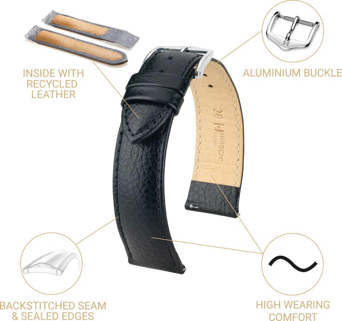 HIRSCH Watch Strap Kansas - vera pelle di vitello - goffratura a bufalo - per uomini e donne