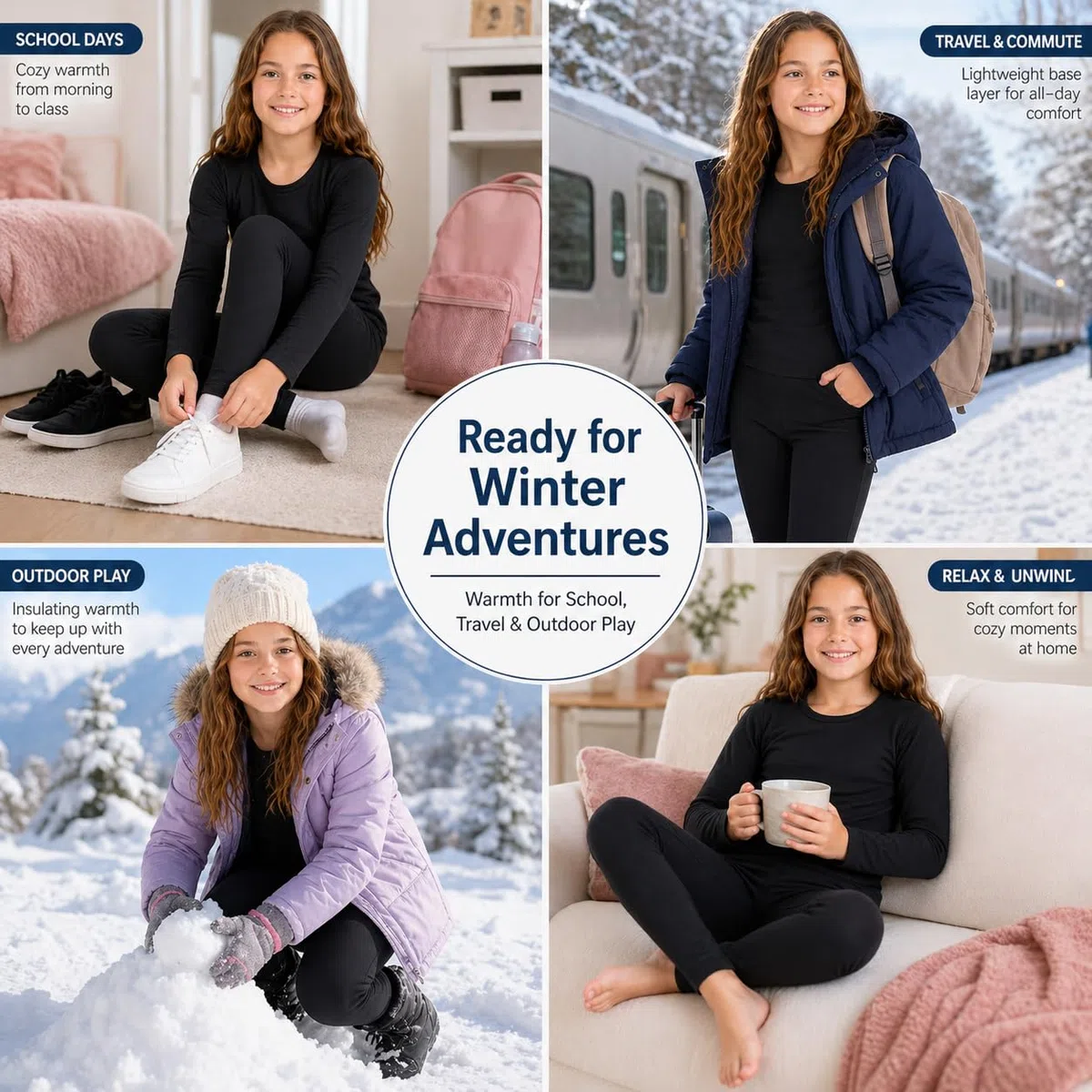 Completo Intimo Termico Bambina Invernale Maglia e Leggings Foderati in Pile, Caldo, Elasticizzato, Morbido e Traspirante (Nero, L)