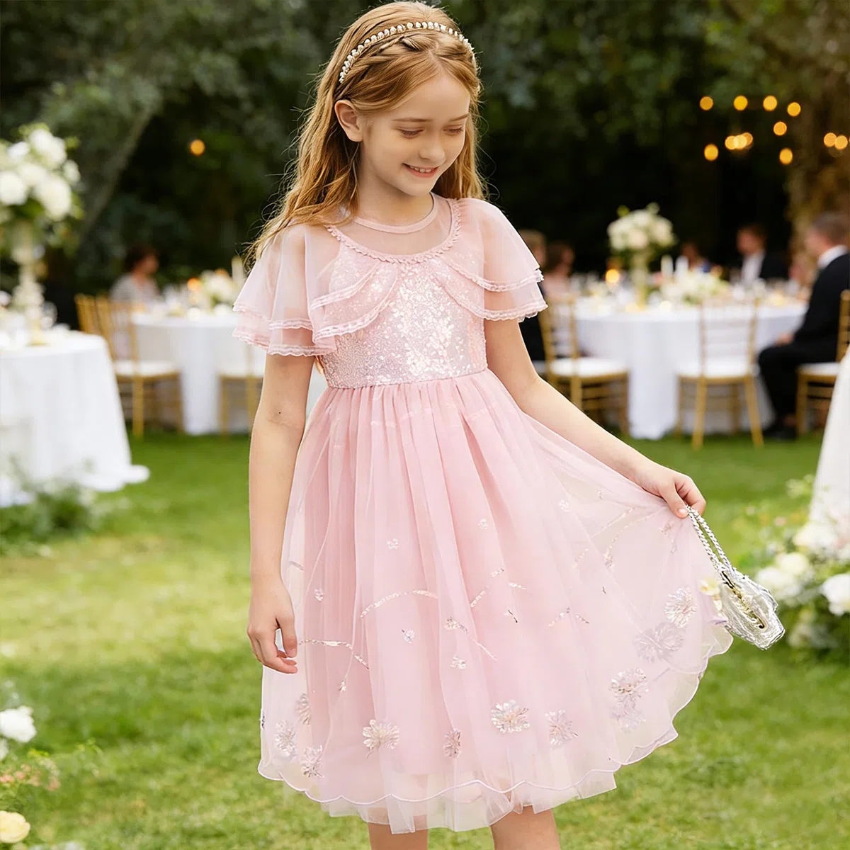 100-150 Vestito da Principessa per Bambina con Paillettes,Vestito Elegante Bambina in Tulle A-Line con Rete,Abiti per Bambina,Vestito Festivo,Vestito Estivo per Bambina per Feste,Compleanni,Carnevale