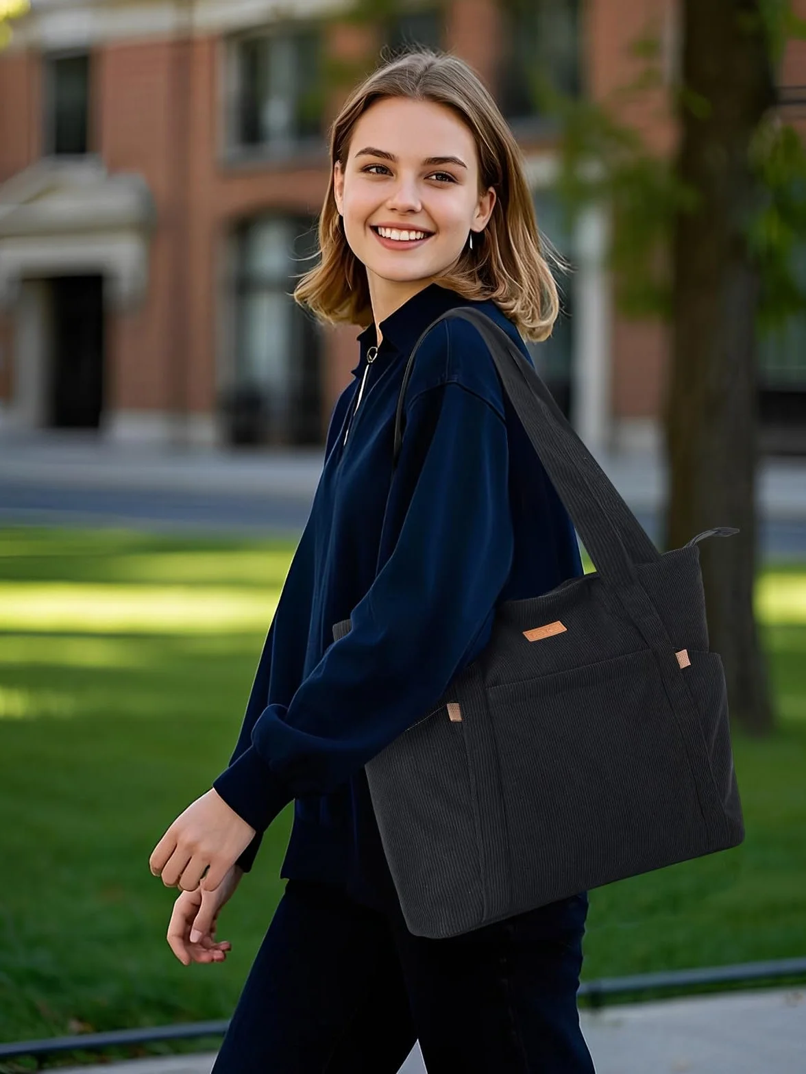 Borsa Tote Bag Università Donna Grande Capiente, Borsa a Tracolla Donna in Velluto a Coste con Cerniera, Borse Spalla Porta PC 15.6 Pollici per Viaggo Lavoro Scuola Ufficio Shopping, Nero S