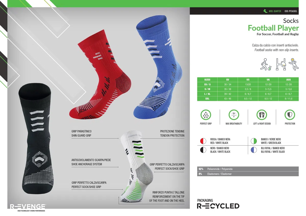 R-EVENGE Calza da Calcio Foot Player The Professional Soccer Socks for Champion, con inserti antiscivolo e protezione per tibia e tendine