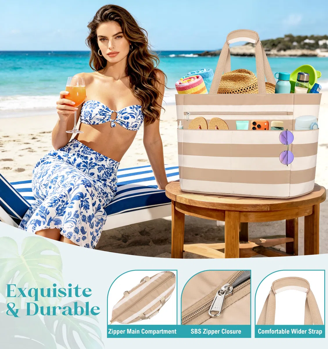 Borsa Spiaggia Donna Grande XXL Famiglia Borsa Mare Impermeabile Borsa Piscina Beach Tote Bag Pieghevole Borse da Viaggio Tracolla Borse da Spiaggia con Cerniera & Multicomparto