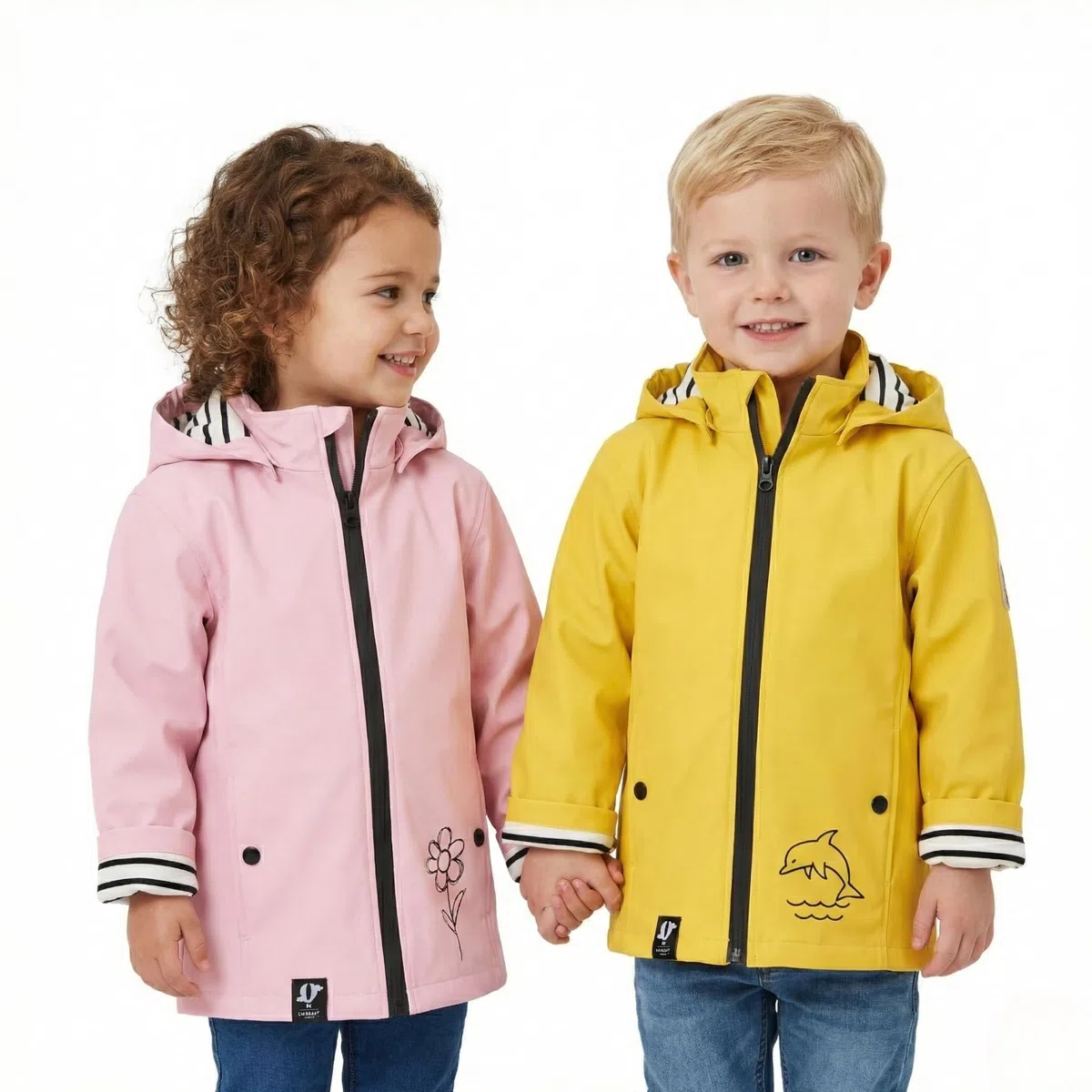 Cerato impermeabile bambino con cappuccio, giacca antipioggia interna a righe in cotone di alta qualità, cerniera idrorepellente, strisce riflettenti per la sicurezza, materiale con minimo