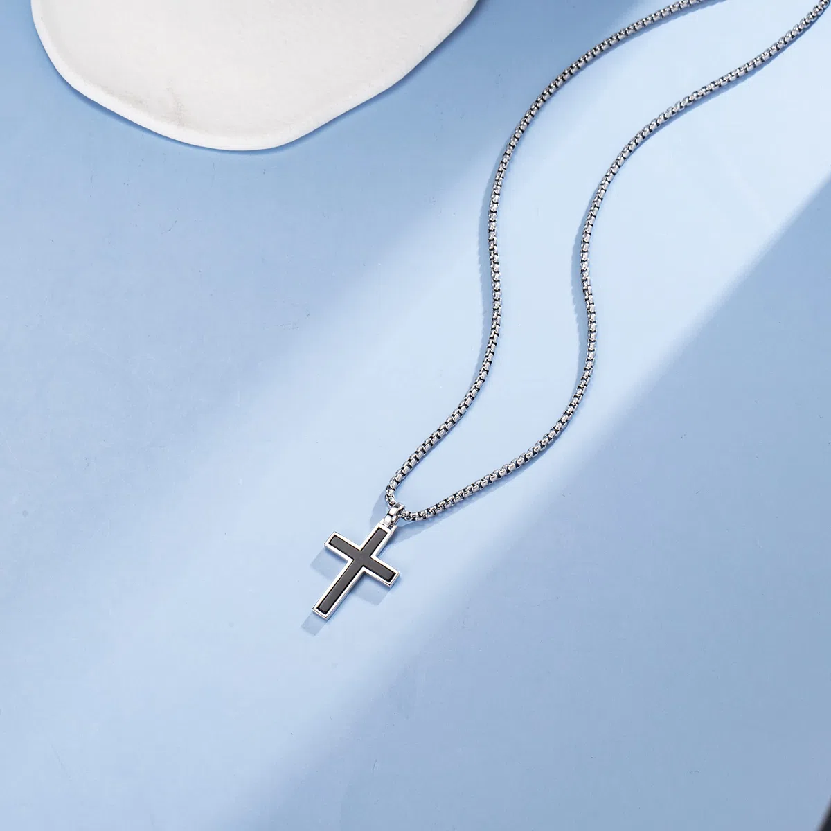 FANCIME Collana Croce Uomo in Argento Sterling 925 Crocifisso Ciondolo Nera, Gioielli Regalo per Lui Ragazzi Bambini - Catena Lunghezza: 60 cm