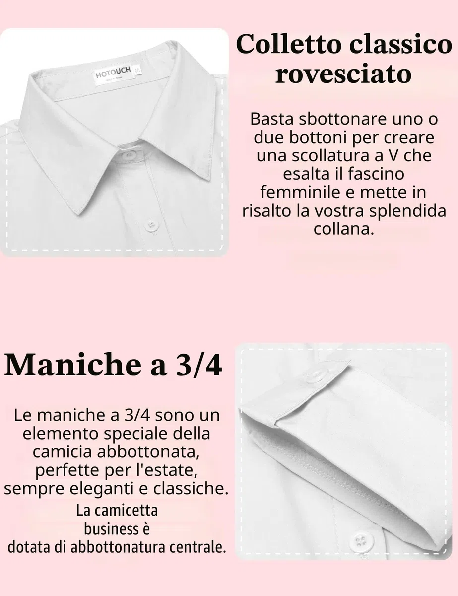 Hotouch Camicetta da Donna con Manica a 3/4 Camicia con Scollo a V Camicetta di Base Slim Fit con Knop Bar Tops Casual Cotone XS-XXL