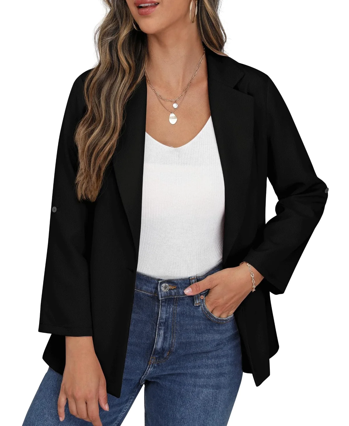 PrinStory Blazer da Donna Aperto sul Davanti, Cardigan con Maniche Regolabili, Giacca Blazer con Tasche con Bottoni