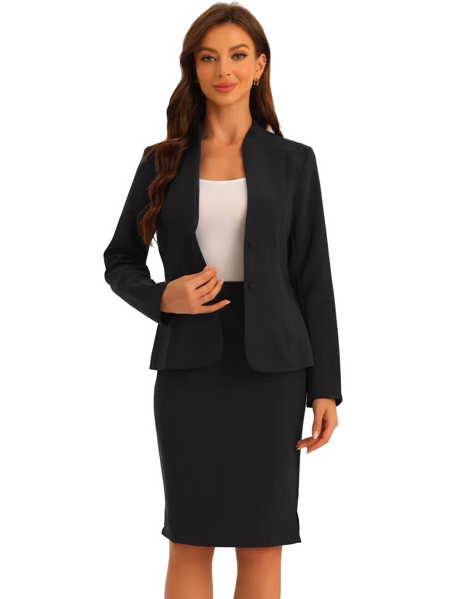Allegra K Set da 2 pezzi per giacca senza colletto da donna e abito formale con gonna a matita