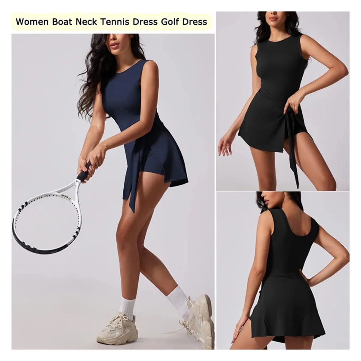 Abbigliamento Tennis Donna Abito da Tennis da Donna con Pantaloncini Incorporati Abito Sportivo da Donna Senza Maniche con Scollo A Barchetta, Abito da Allenamento Attivo(Black,M)